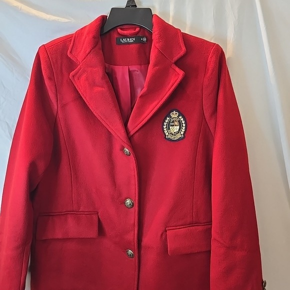 Lauren Ralph Lauren Long Red Wool Blend Button-Up Coat With Crest Patch Size 12 - Picture 2 of 16
